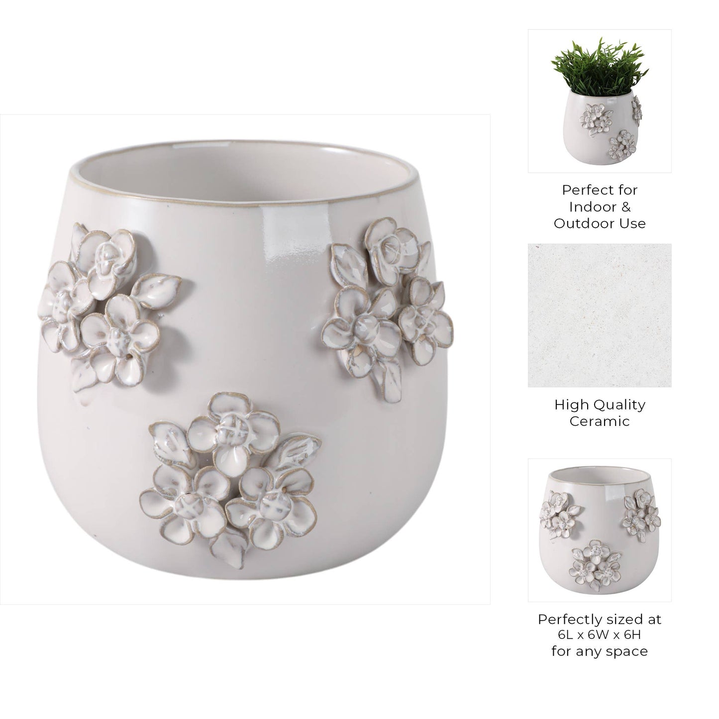 Ceramic Flower Bunches Applique Planter - Ivory, 6 in.
