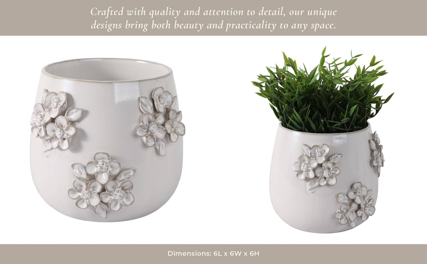 Ceramic Flower Bunches Applique Planter - Ivory, 6 in.